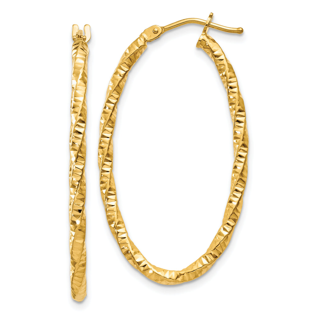14ky 2mm Diamond-cut Oval Hoop Earrings