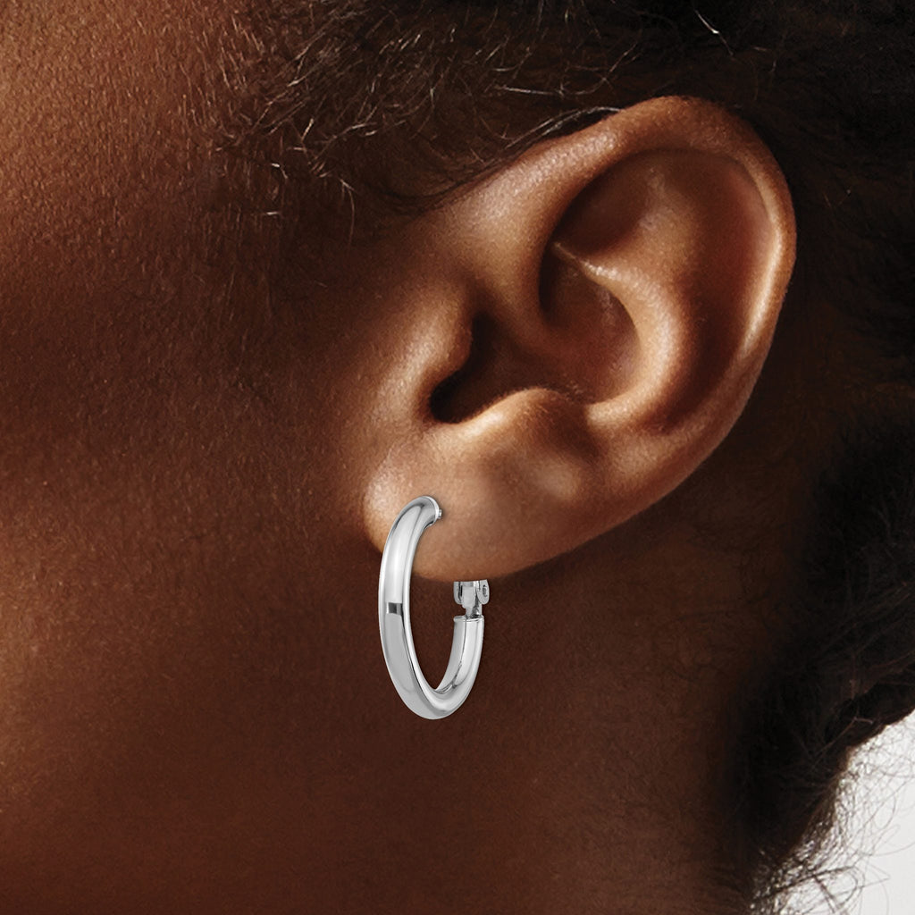 Round Omega Back Hoop Earrings in 14K White Gold, 22mm - Sophia Jewelers