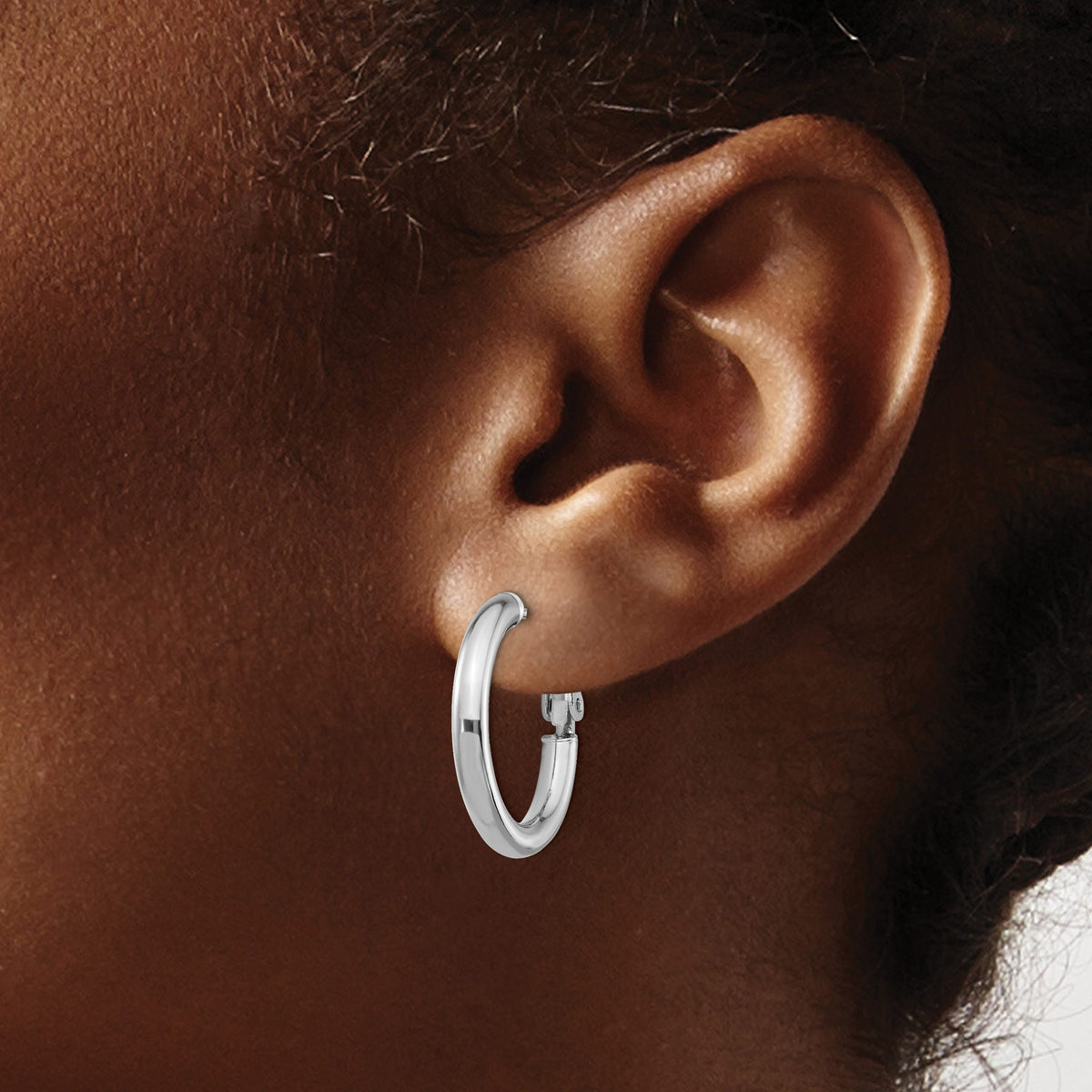 Round Omega Back Hoop Earrings in 14K White Gold, 22mm - Sophia Jewelers