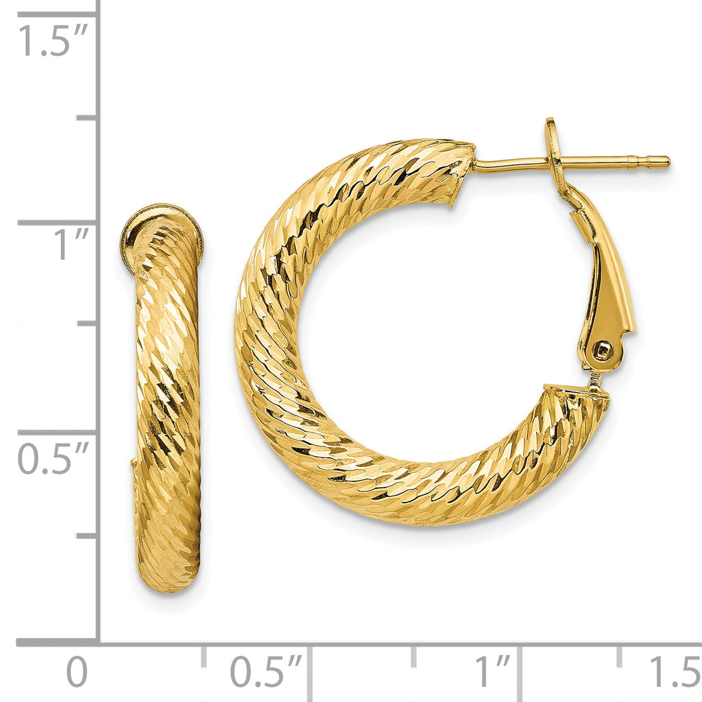 14k 4x15mm Diamond-cut Round Omega Back Hoop Earrings
