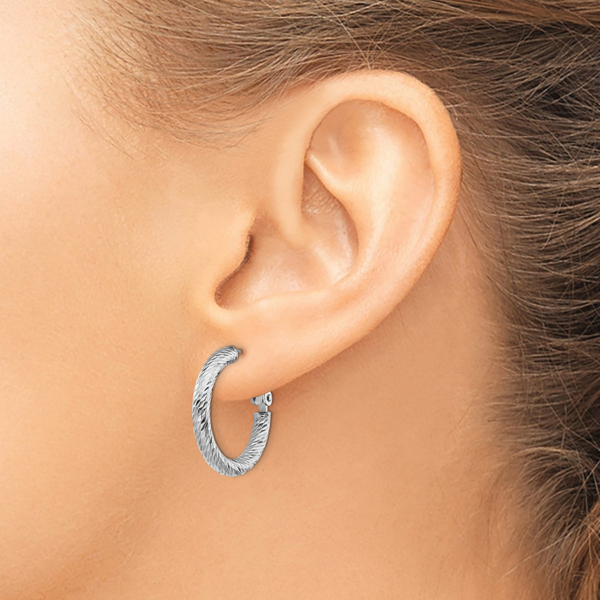 Round Omega Back Hoop Earrings in 14K White Gold, 21mm Diamond-Cut - Sophia Jewelers