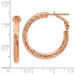 14k 3mm Polished Rose Gold D/C Round Omega Back Hoop Earrings