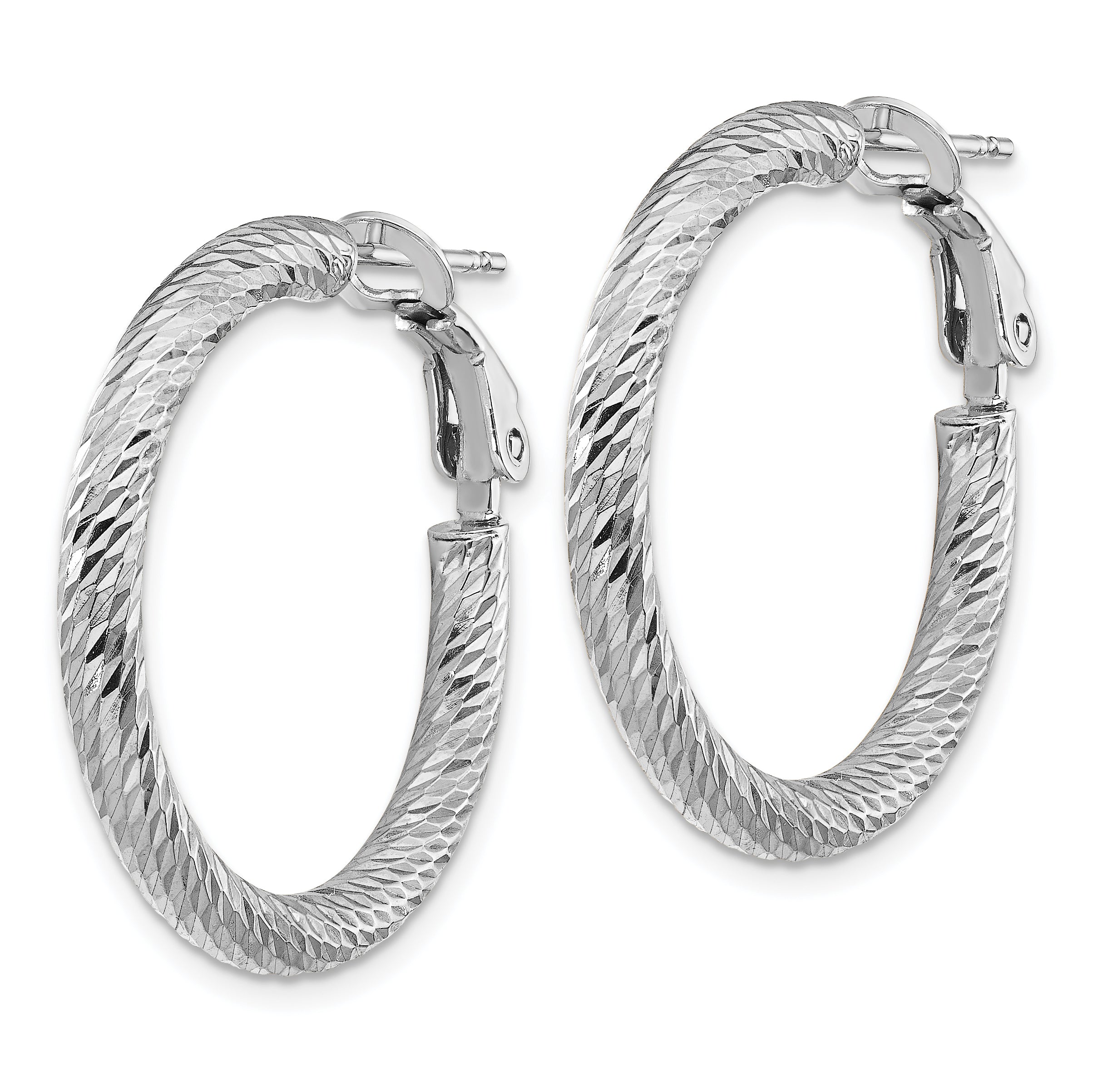 14k 3x20mm White Gold Diamond-cut Round Omega Back Hoop Earrings Secondary image