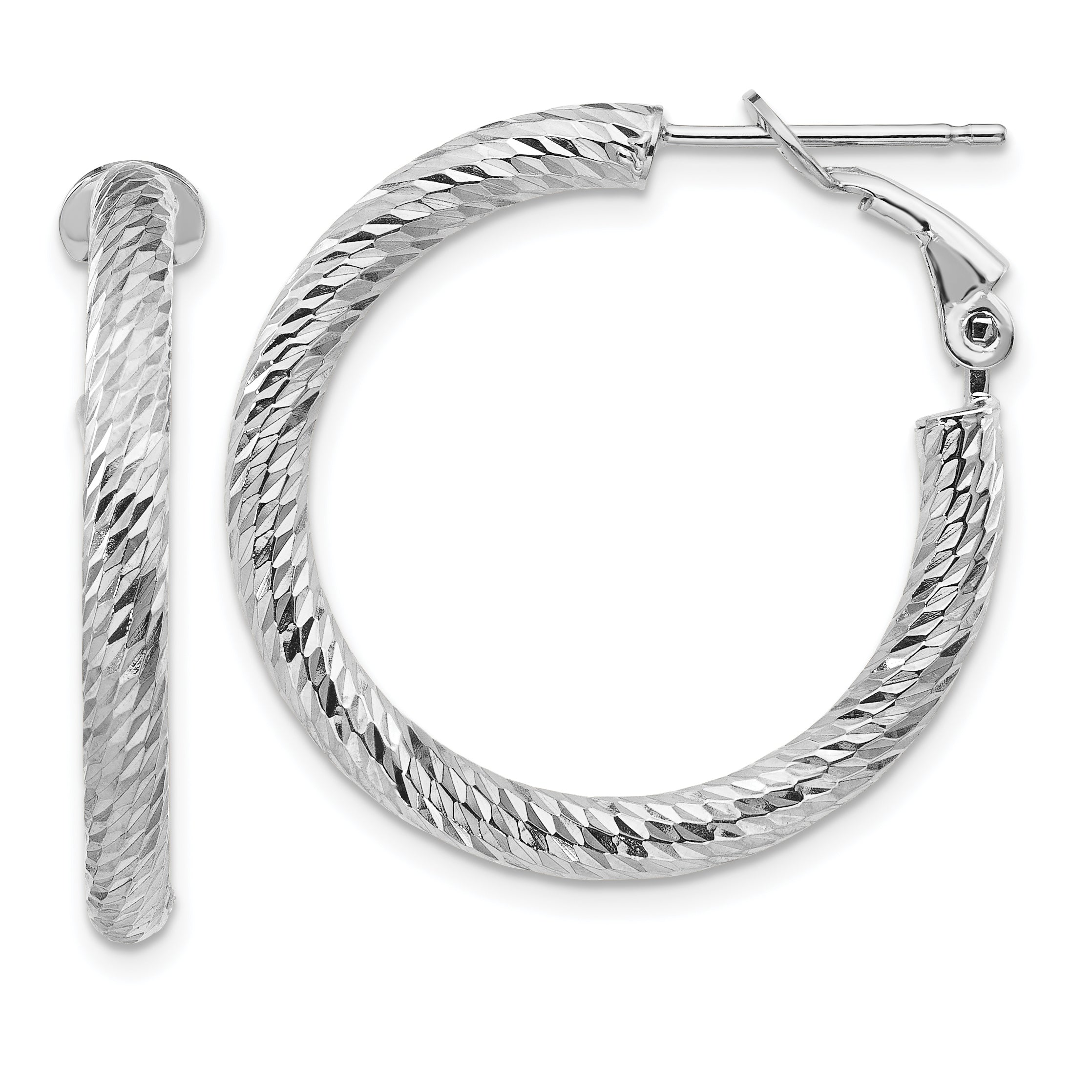 14k 3x20mm White Gold Diamond-cut Round Omega Back Hoop Earrings Main image