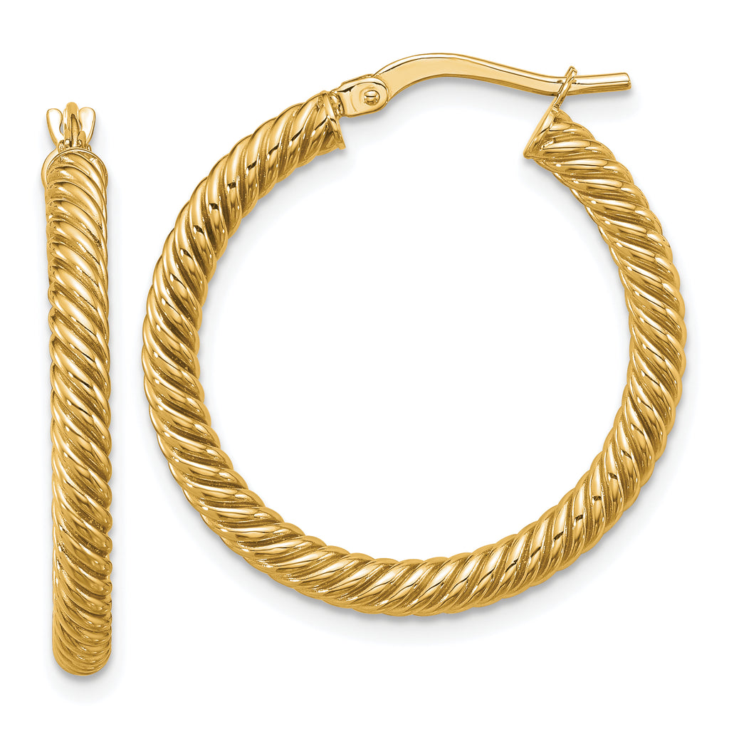 14k 3x20mm Twisted Round Hoop Earrings