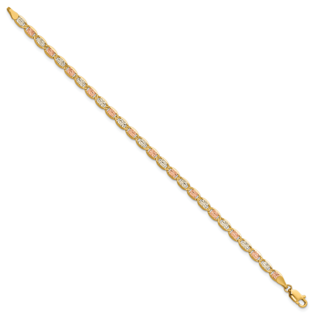 14K 3.8mm Tri-color Pave Valentino with Lobster Clasp Bracelet