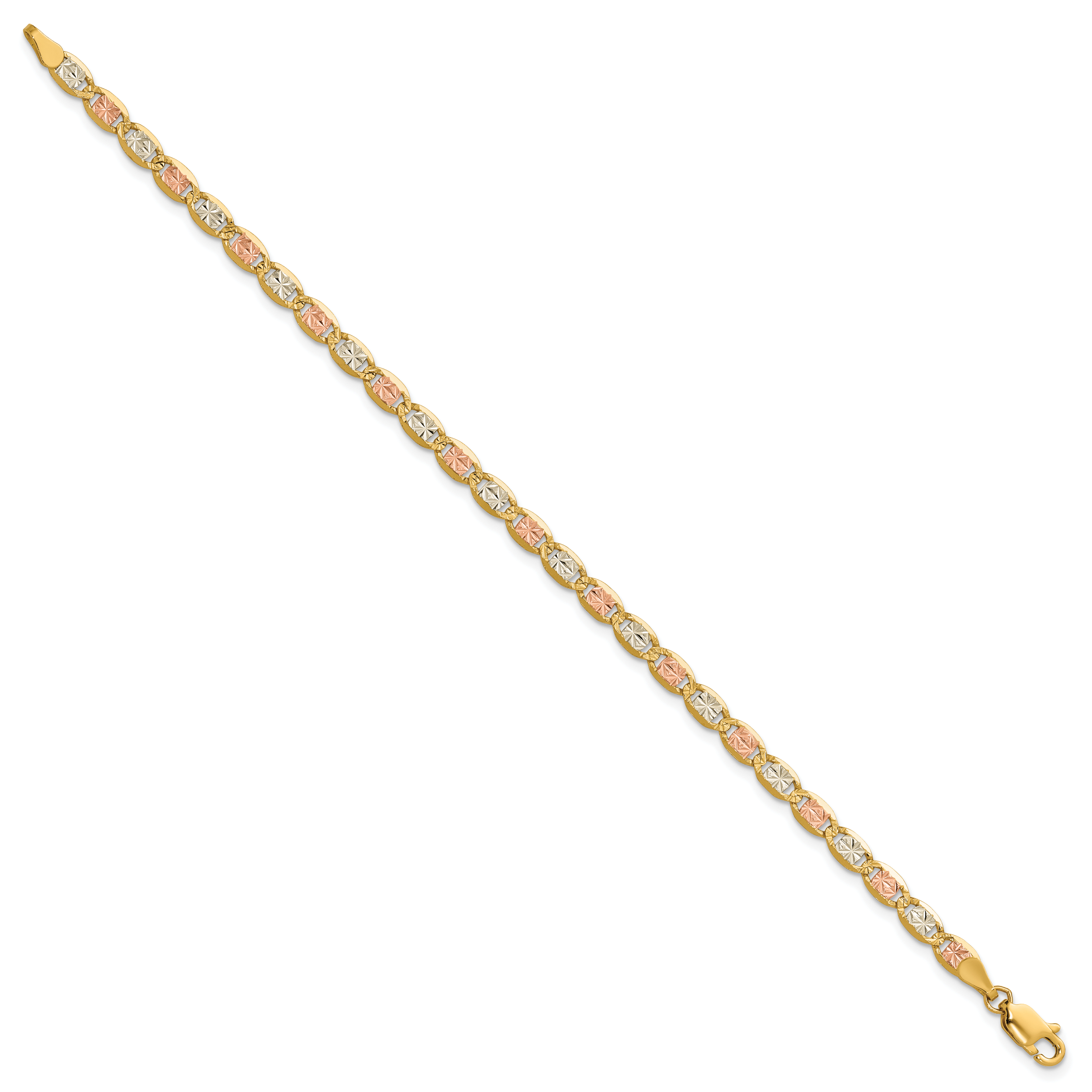 14K 3.8mm Tri-color Pave Valentino with Lobster Clasp Bracelet