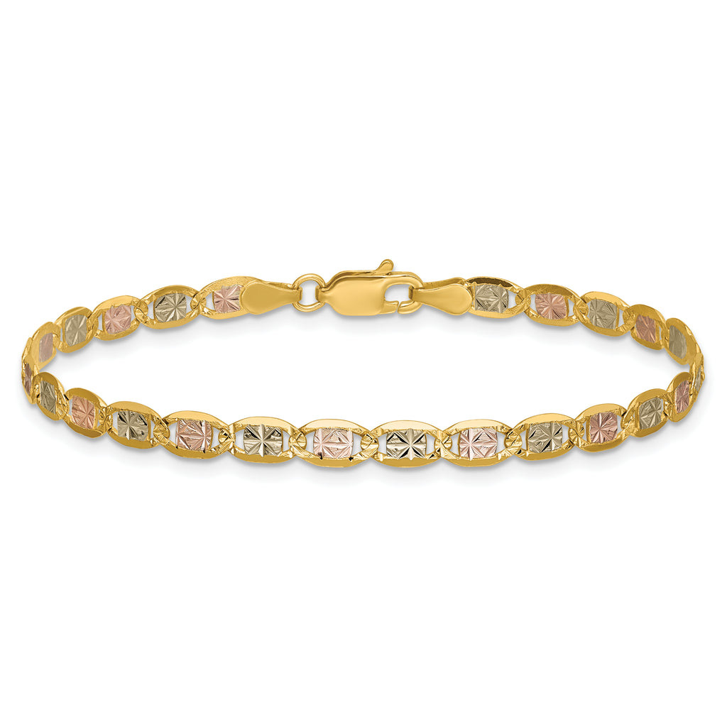 14K 3.8mm Tri-color Pave Valentino with Lobster Clasp Bracelet