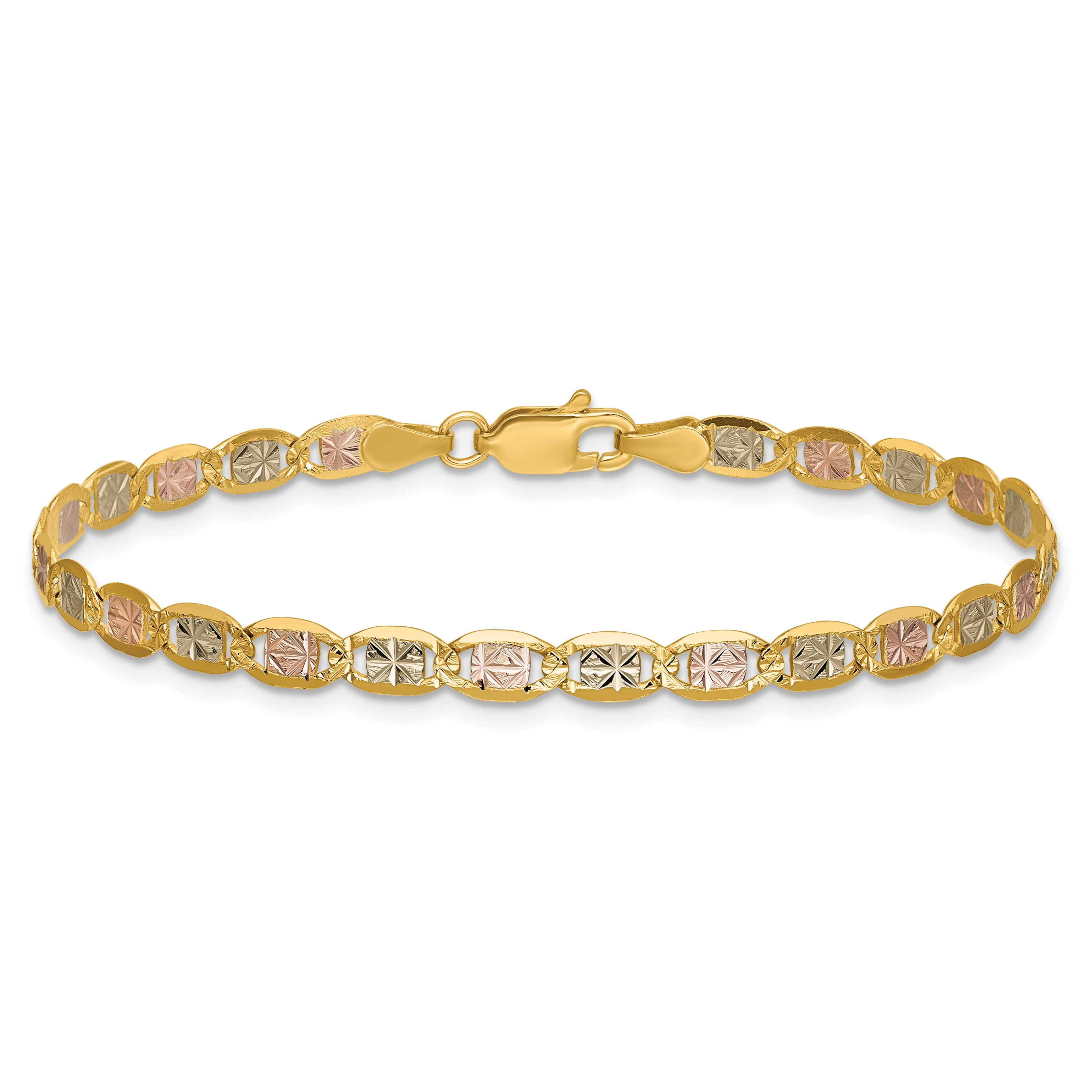 14K 3.8mm Tri-color Pave Valentino with Lobster Clasp Bracelet