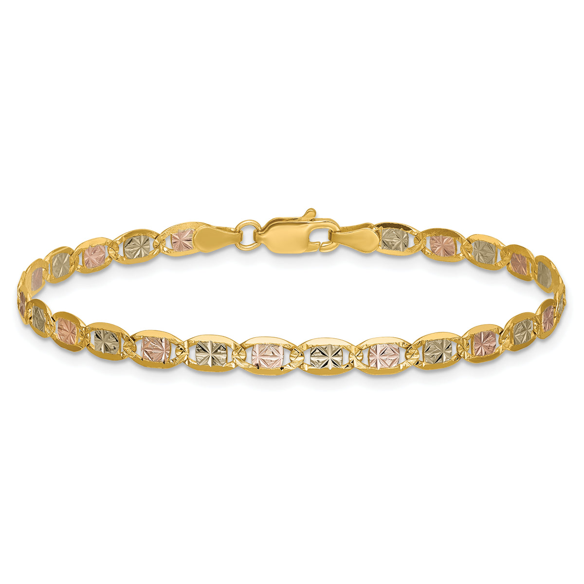 14K 7 inch 3.8mm Tri-color Pav� Valentino with Lobster Clasp Bracelet