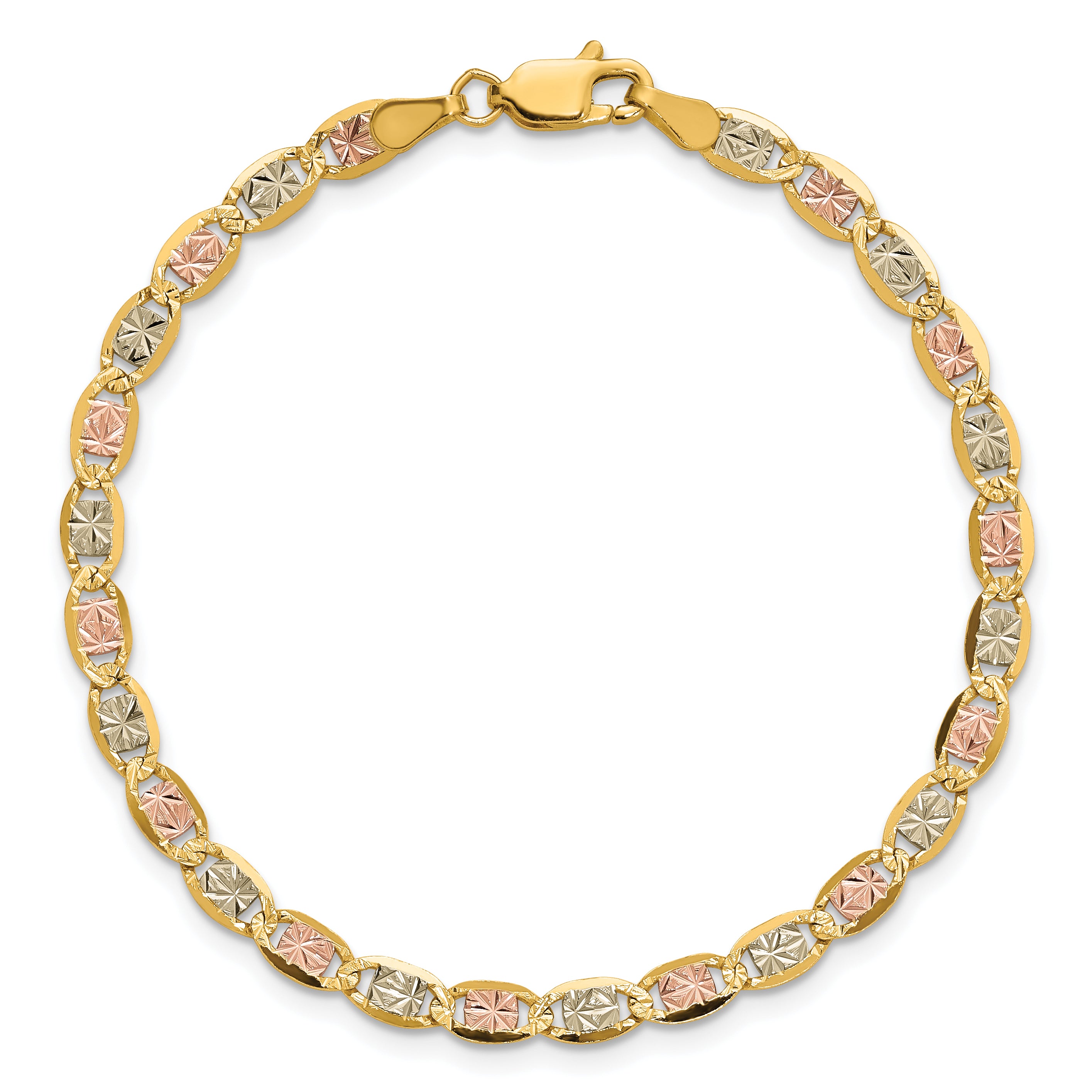 14K 3.8mm Tri-color Pave Valentino with Lobster Clasp Bracelet