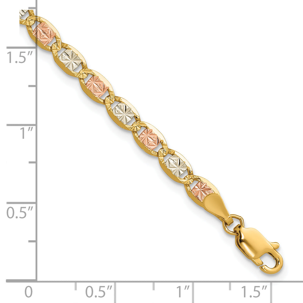 14K 3.8mm Tri-color Pave Valentino with Lobster Clasp Bracelet
