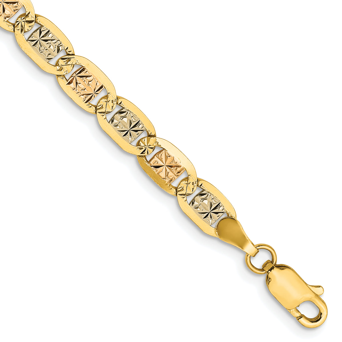 14K 8 inch 4.65mm Tri-color Pav‚ Valentino with Lobster Clasp Bracelet