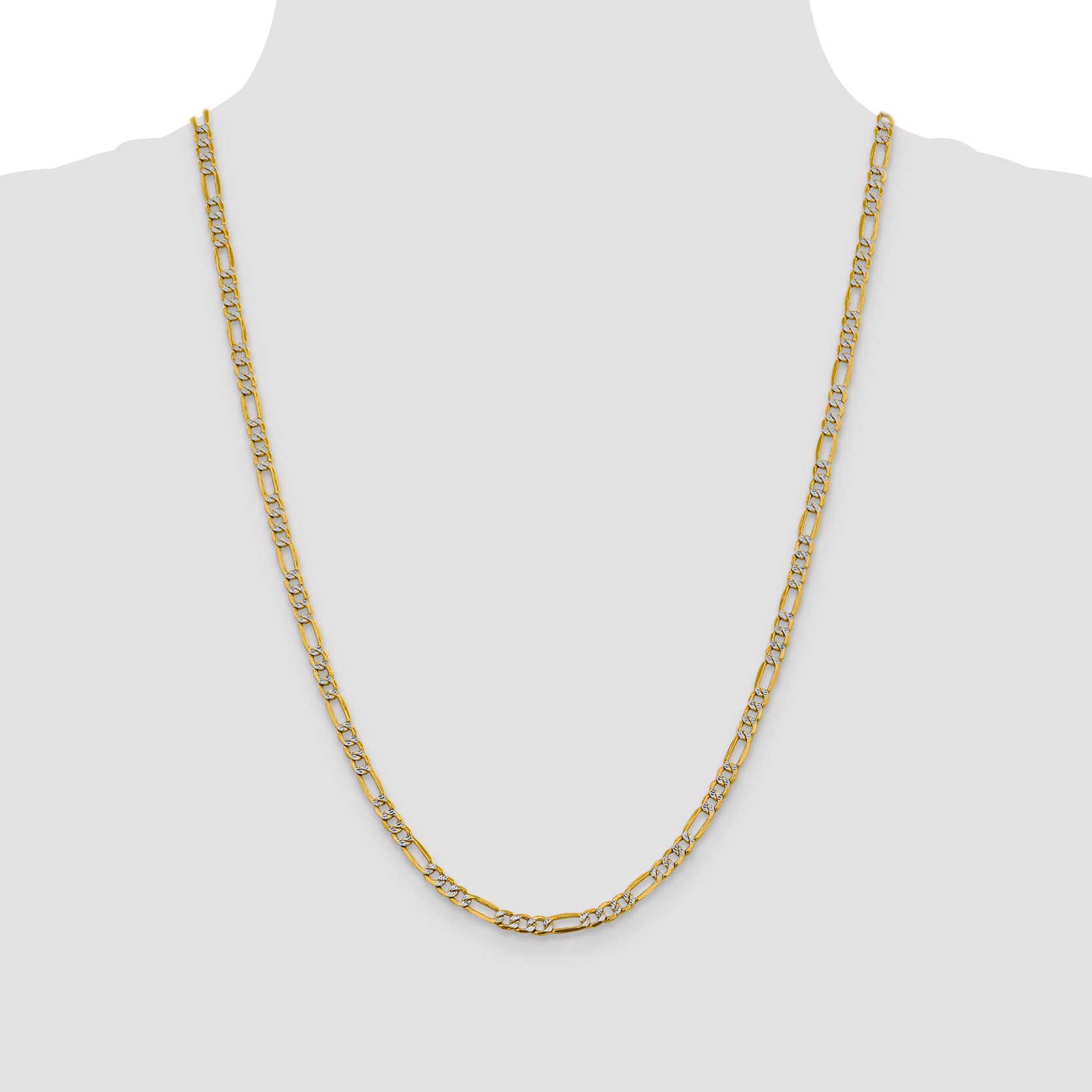 14K 24 inch 3.9mm Semi-Solid with Rhodium Pav‚ Figaro with Lobster Clasp Chain