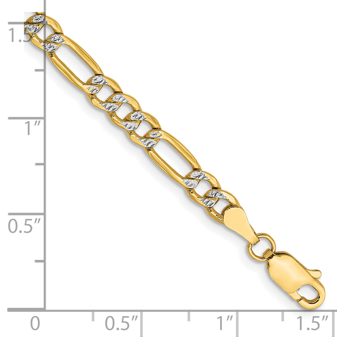14K 8 inch 3.9mm Semi-Solid with Rhodium Pav‚ Figaro with Lobster Clasp Bracelet
