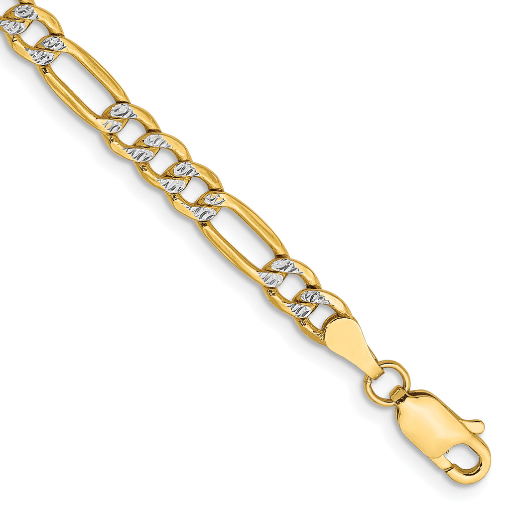 14K 3.9mm Semi-Solid with Rhodium Pave Figaro with Lobster Clasp Bracelet