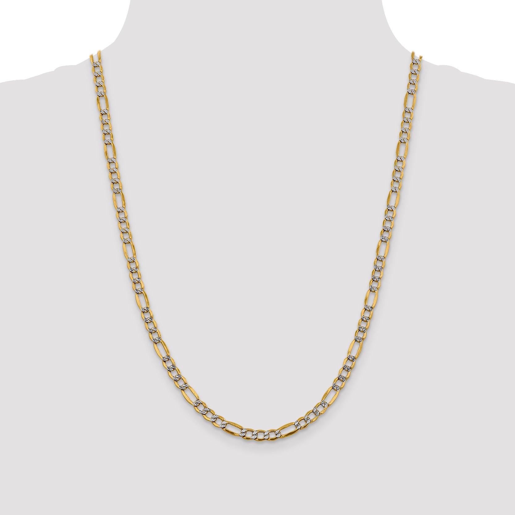 14K 24 inch 5.25mm Semi-Solid with Rhodium Pav‚ Figaro with Lobster Clasp Chain