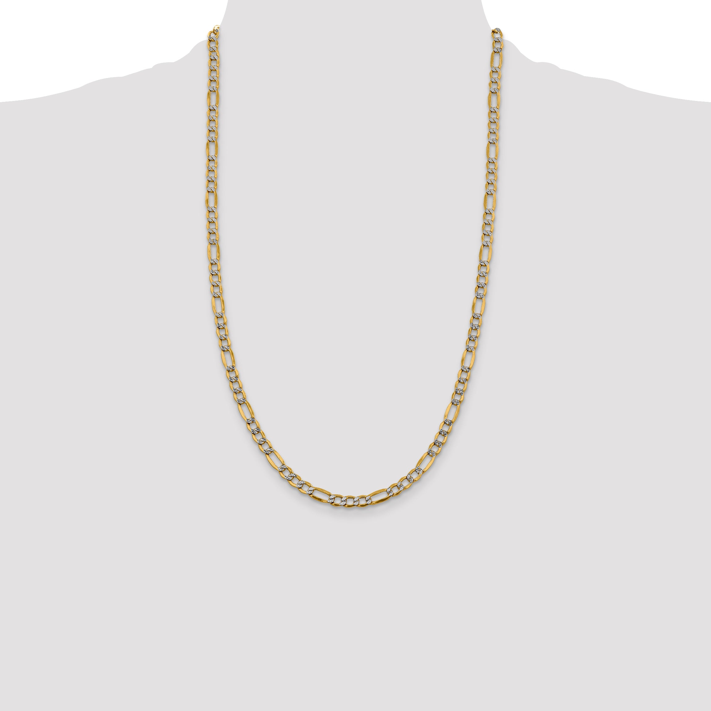 14K 26 inch 5.25mm Semi-Solid with Rhodium Pav‚ Figaro with Lobster Clasp Chain
