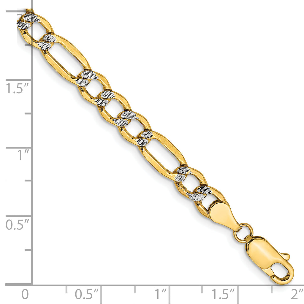 14K 8 inch 5.25mm Semi-Solid with Rhodium Pav‚ Figaro with Lobster Clasp Bracelet