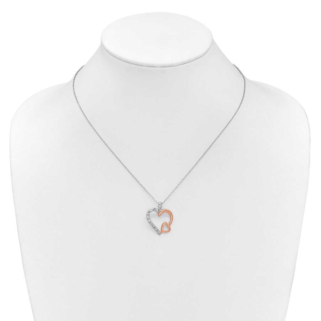 Sterling Silver and Rose Gold plated White Sapphire Heart Necklace 18