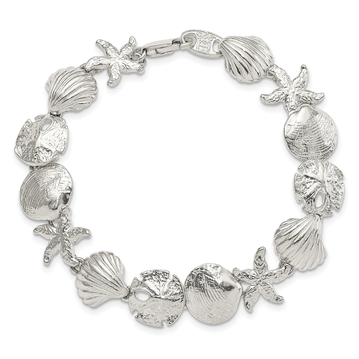 Sterling Silver Polished Seashells and Starfish 7 inch Bracelet