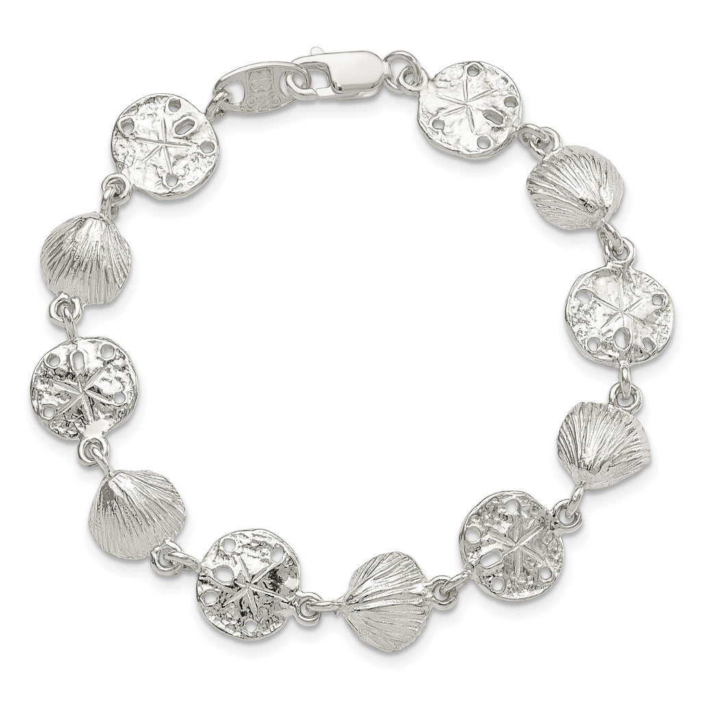 Sterling Silver Polished Seashells and Sand Dollars 7 inch Bracelet