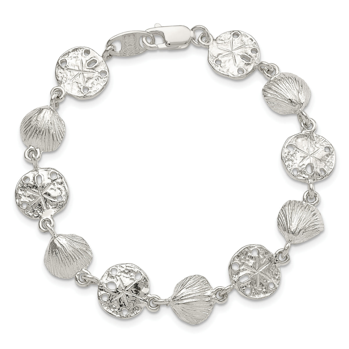 Sterling Silver Polished Seashells and Sand Dollars 7 inch Bracelet