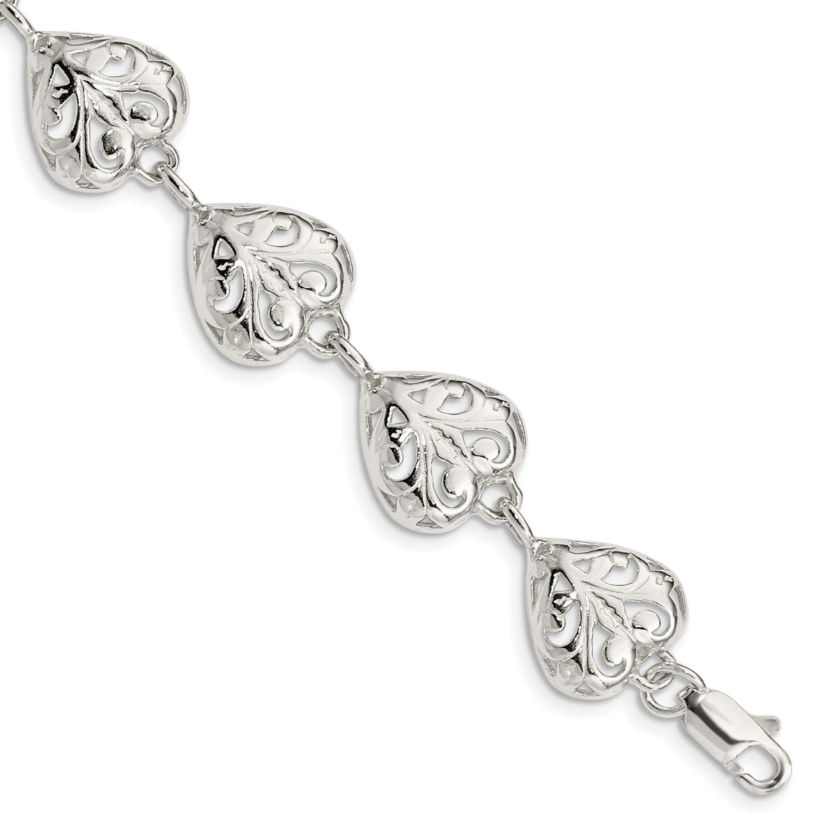 Fancy Filigree Heart Bracelet in Sterling Silver, 13mm, 7 Inch - Sophia Jewelers Main image