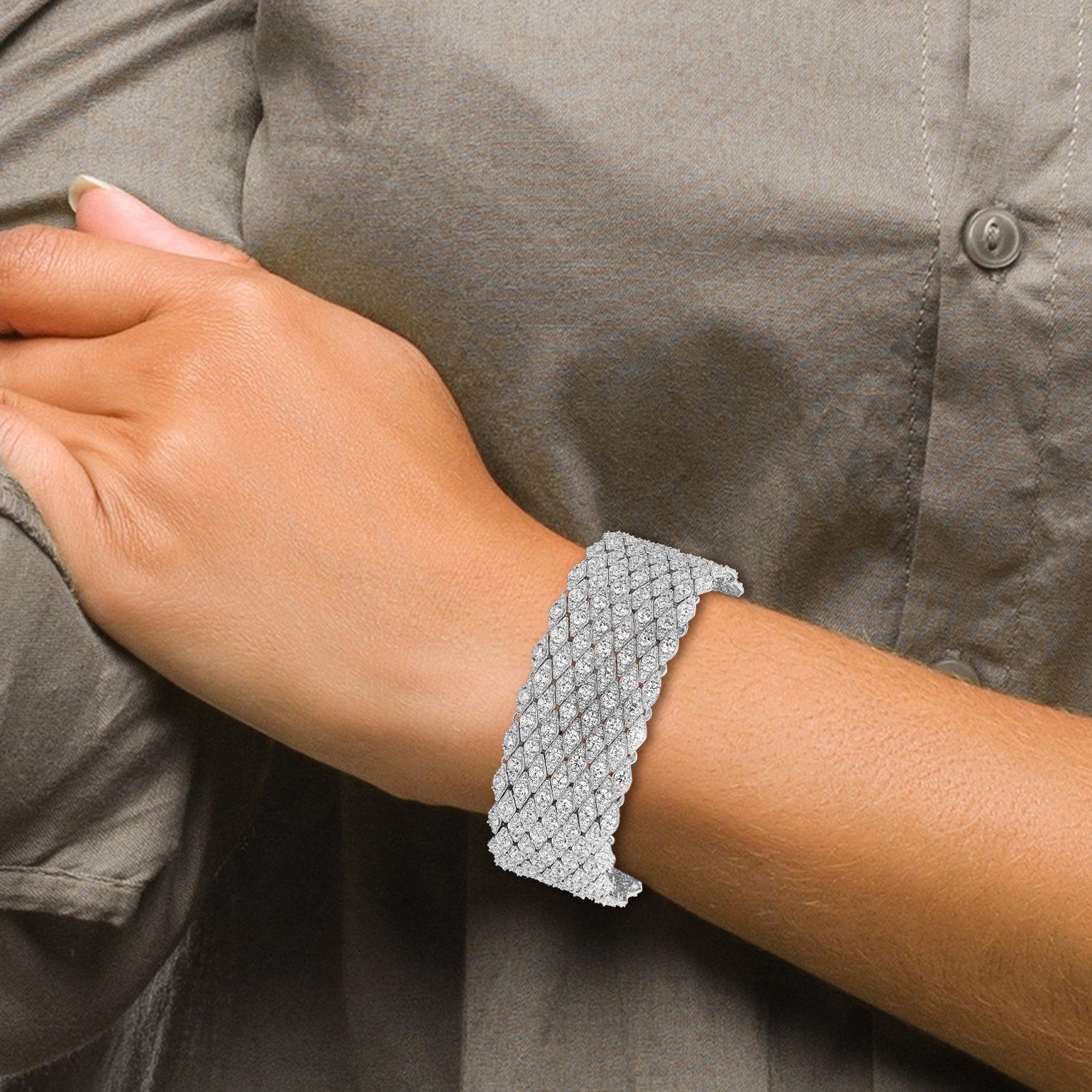 Sterling Shimmer Sterling Silver Rhodium-plated 6.75 inch 759 Stone CZ Mesh Bracelet