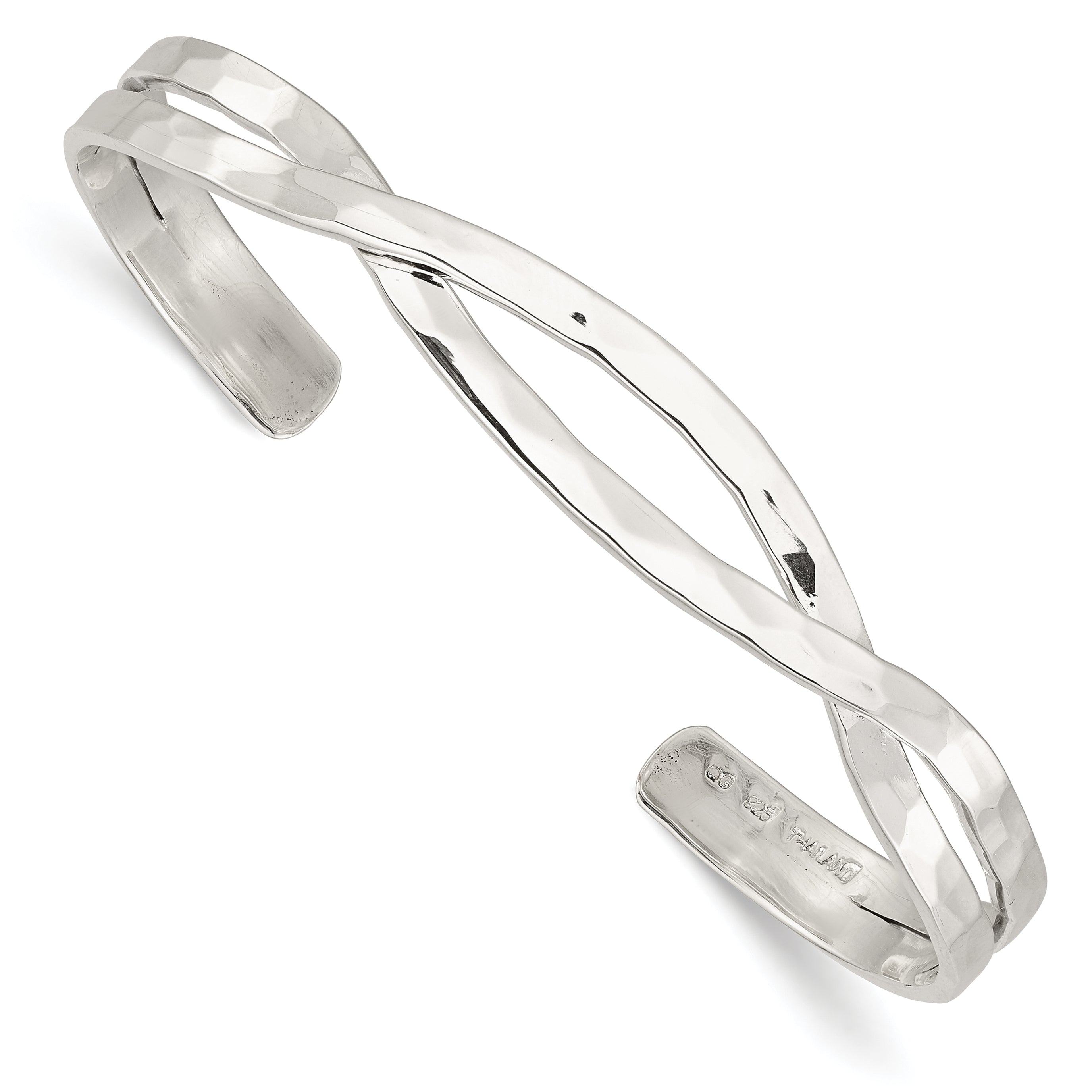 Sterling Silver Polished Hammered Criss Cross Cuff Bangle Main image