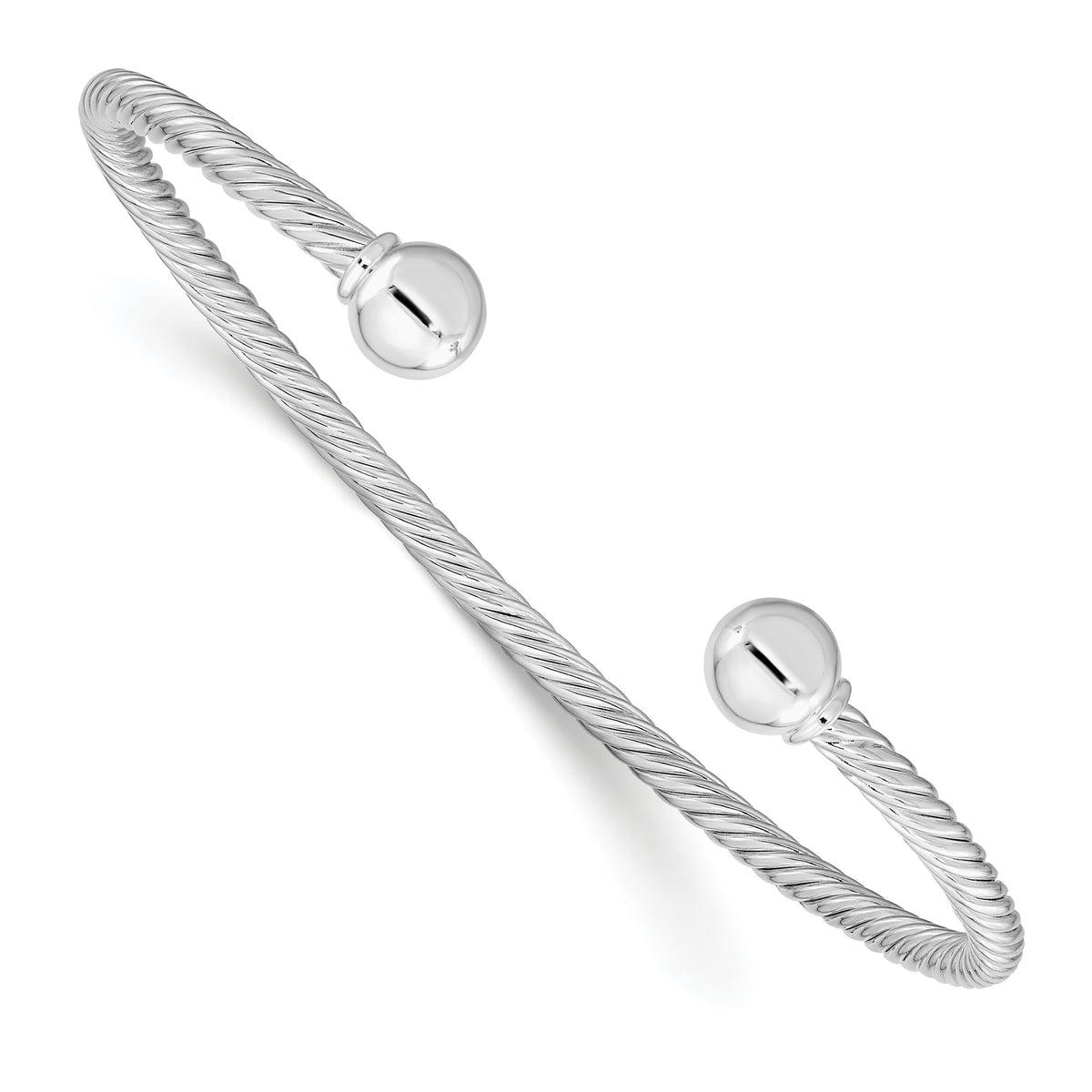 Sterling Silver Rhodium-Platedod-plated Twisted w/1 Thread Ball Cuff Bangle