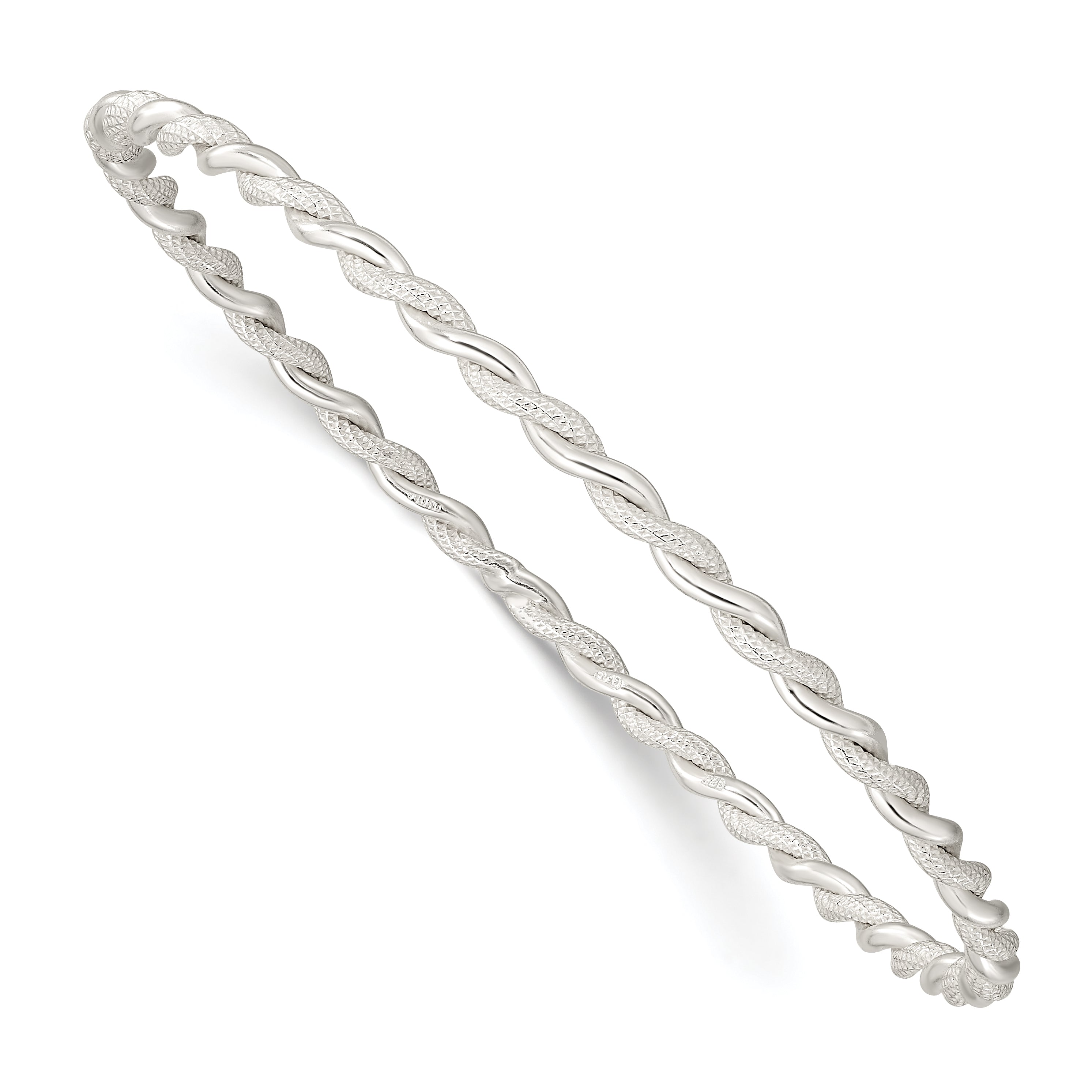 Sterling Silver Polished and Textured Twisted 3mm Slip-on Bangle Main image