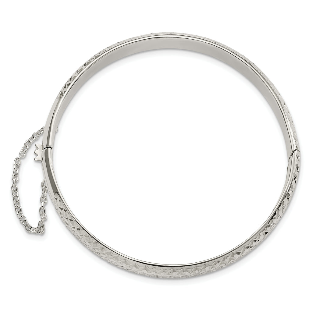 Sterling Silver Rhodium-plated Polished and Diamond-Cut 7.00mm Hinged Bangle