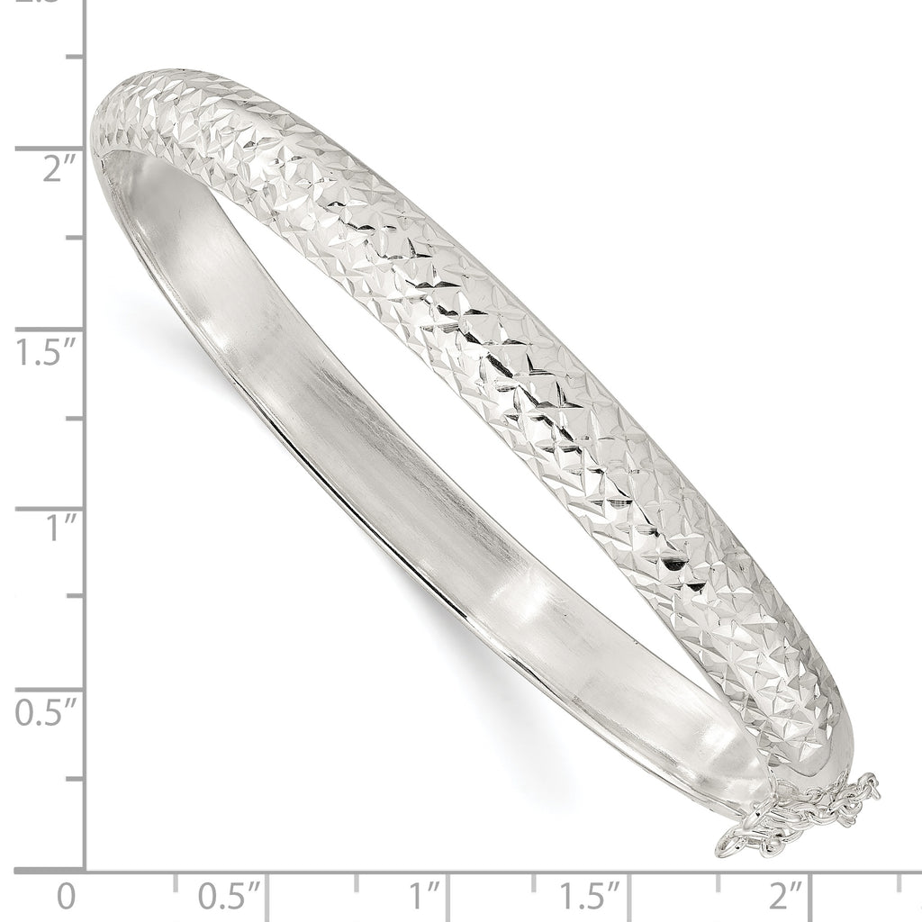 Sterling Silver Rhodium-plated Polished and Diamond-Cut 7.00mm Hinged Bangle
