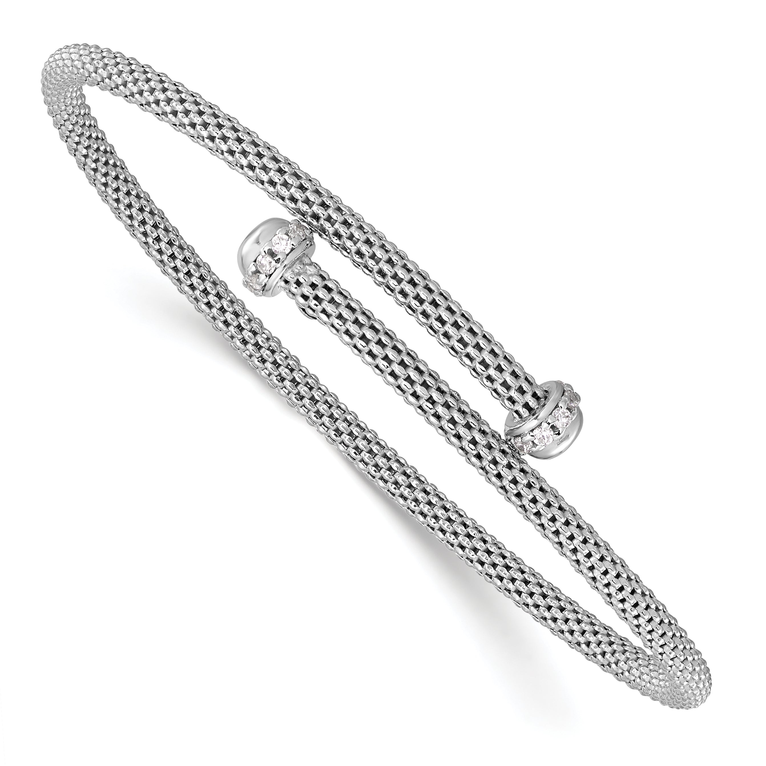 Sterling Silver Rhodium-plated Polished CZ Flexible Cuff Bangle Main image