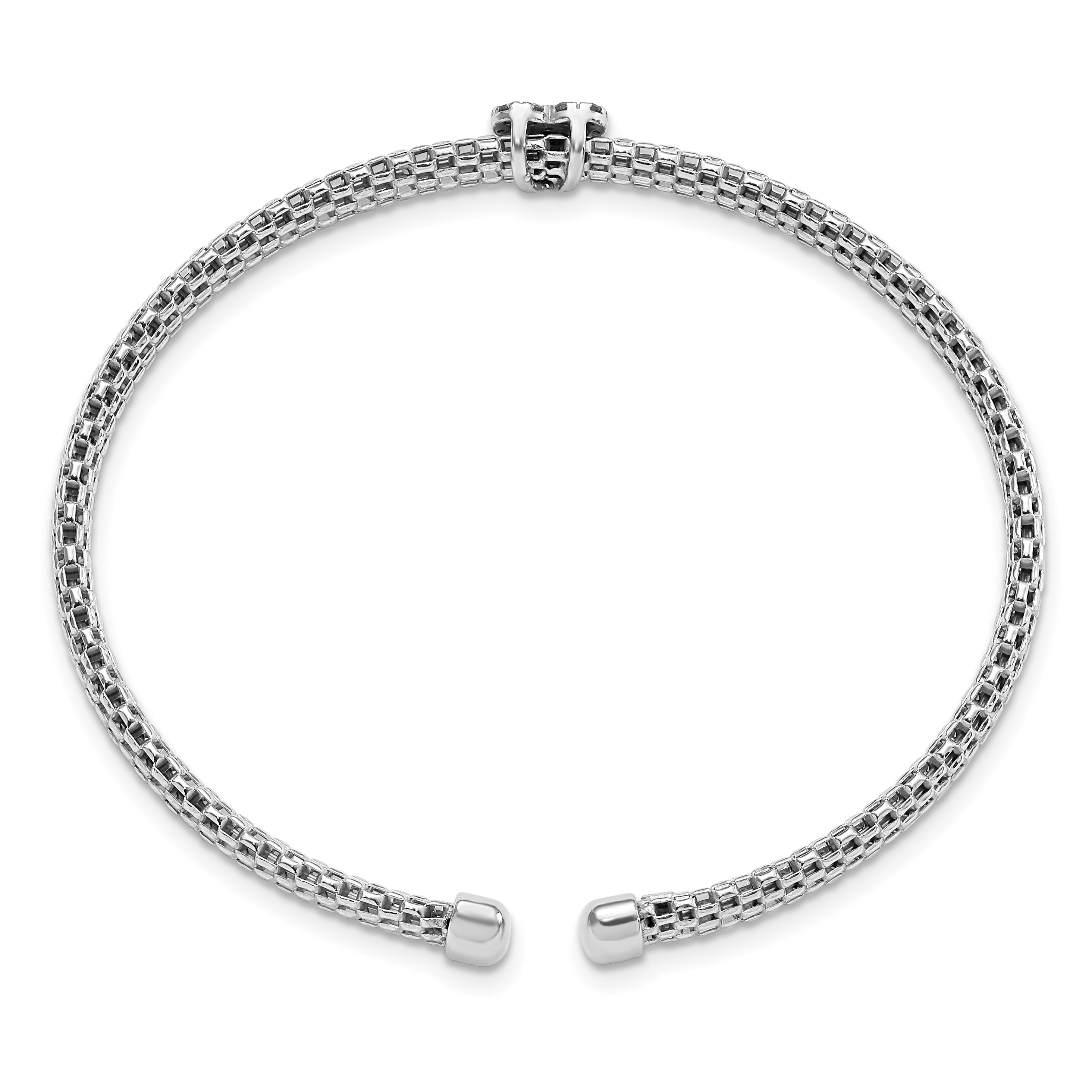 Sterling Silver Rhodium-plated Polished CZ Heart Mesh Cuff Bangle Secondary image
