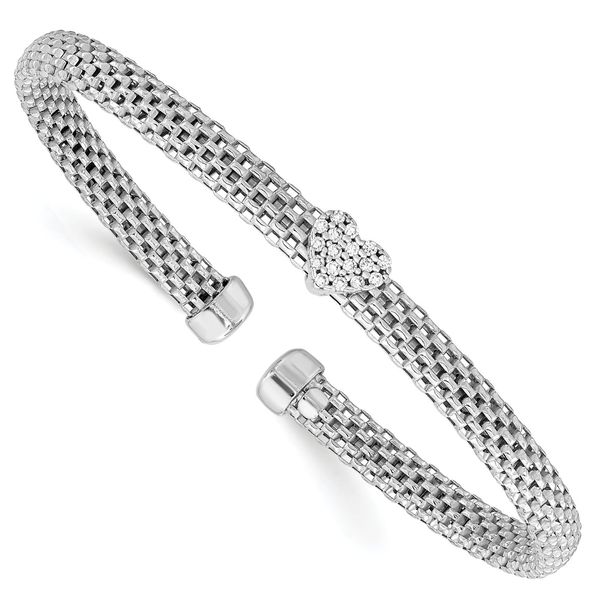 Cubic Zirconia Heart Mesh Flexible Cuff Bracelet in Sterling Silver, 4.9mm - Sophia Jewelers Main image