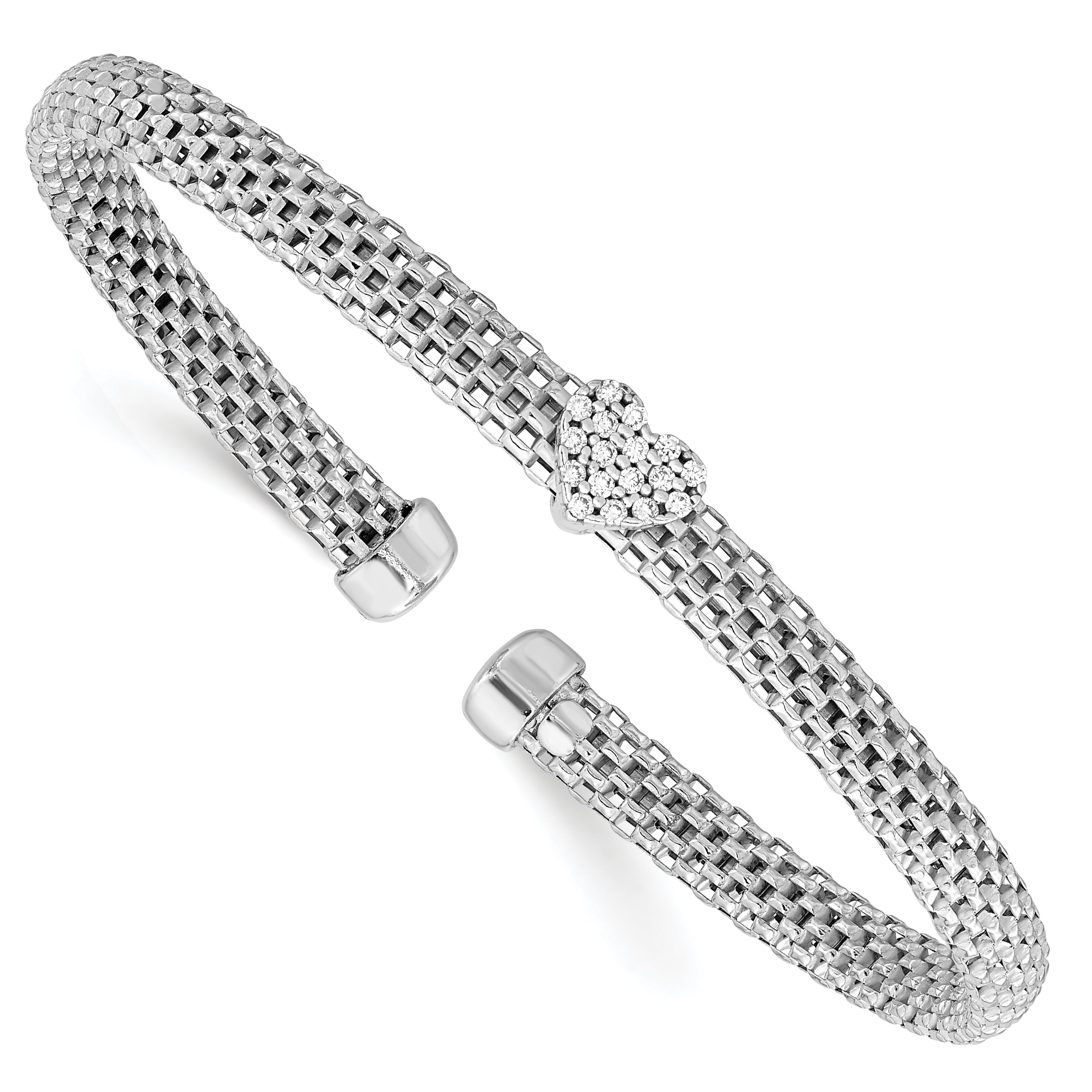 Sterling Silver Rhodium-plated Polished CZ Heart Mesh Cuff Bangle Main image