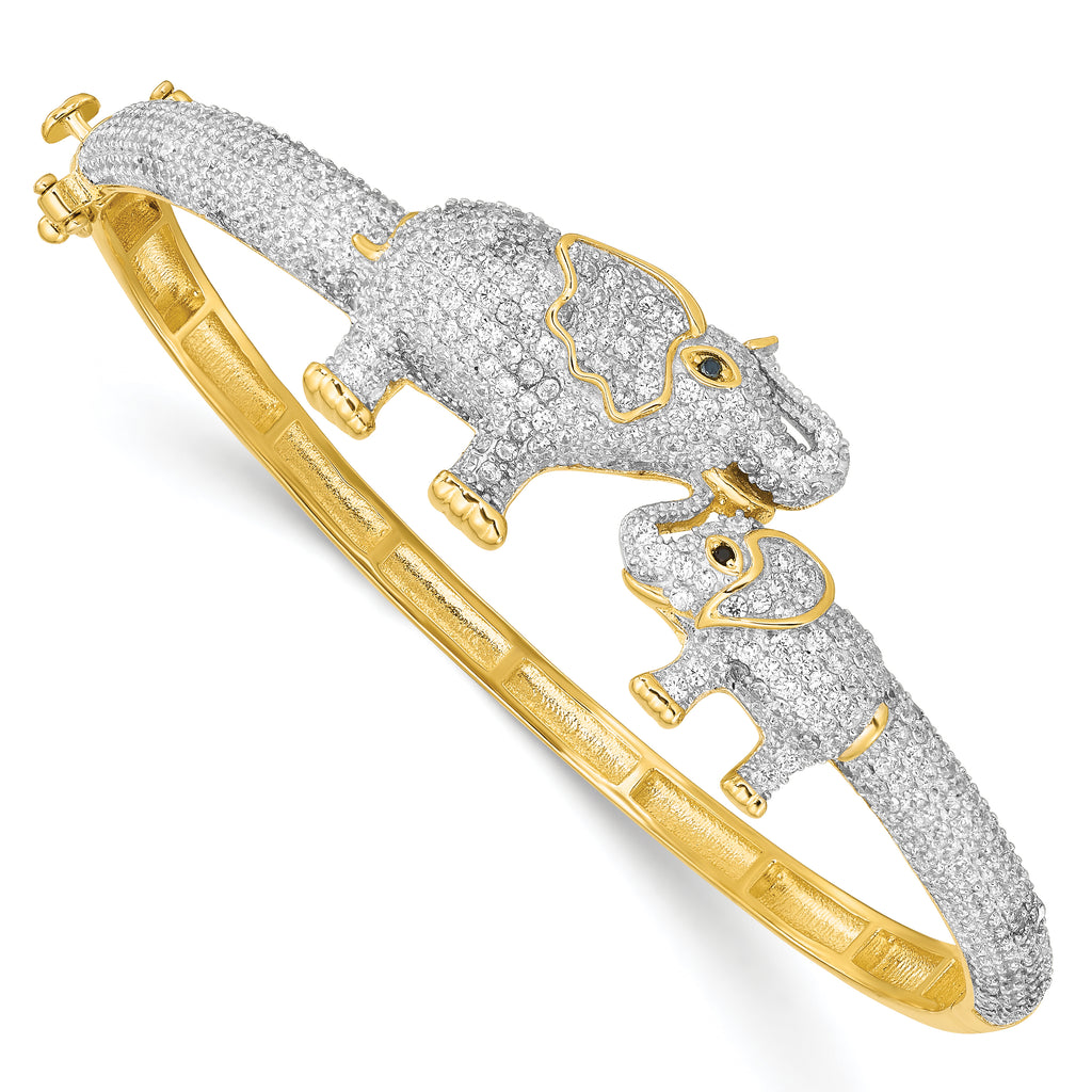 Sterling Silver RH-plated Gold-tone Mom and Baby CZ Elephants Hinged Bangle