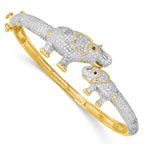 Sterling Silver RH-plated Gold-tone Mom and Baby CZ Elephants Hinged Bangle