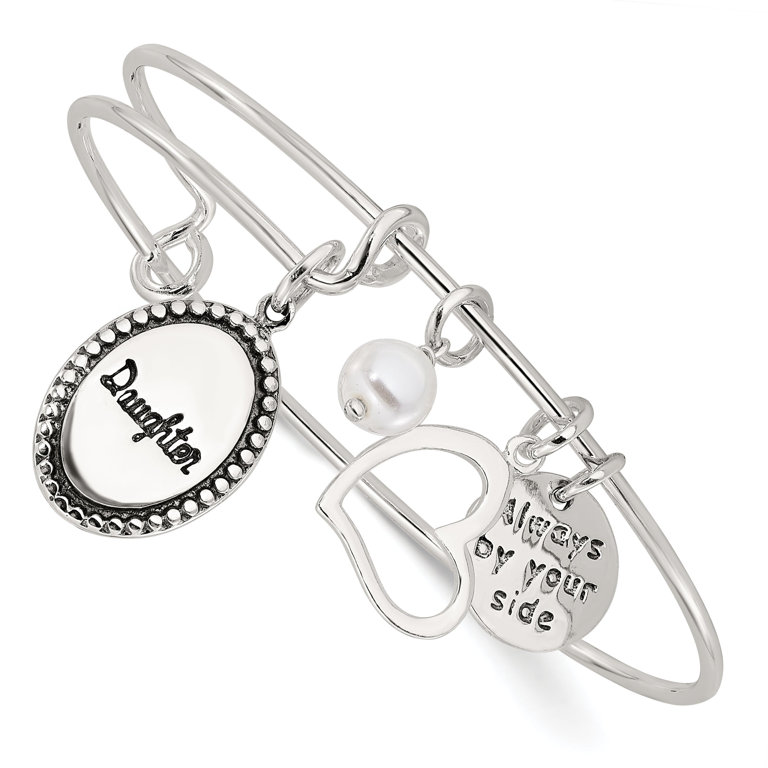 Sterling Silver Antiqued Syn. Pearl Daughter Charm Adjustable Bangle Main image