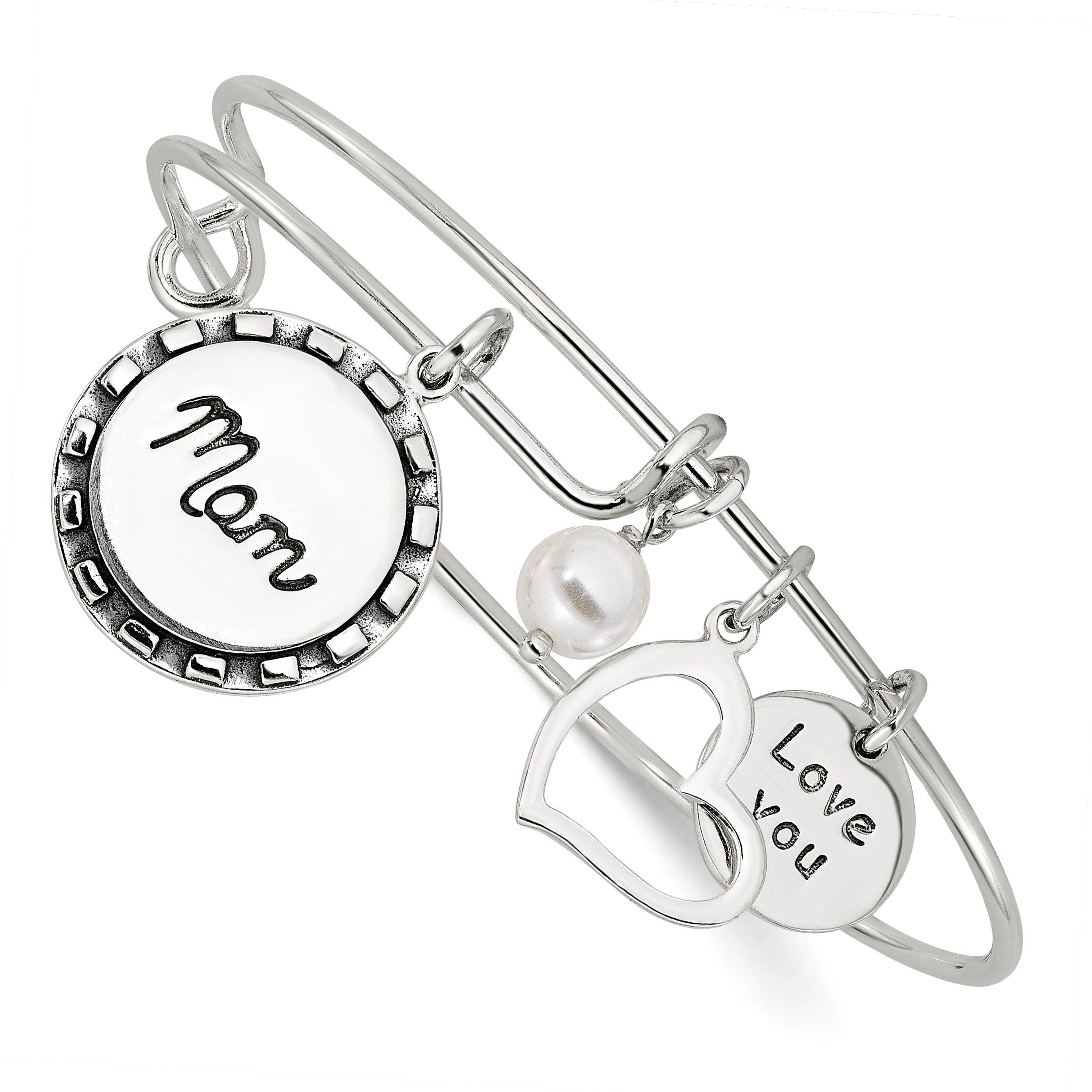 Sterling Silver Antiqued Syn. Pearl Love You Mom Charm Adjustable Bangle Main image