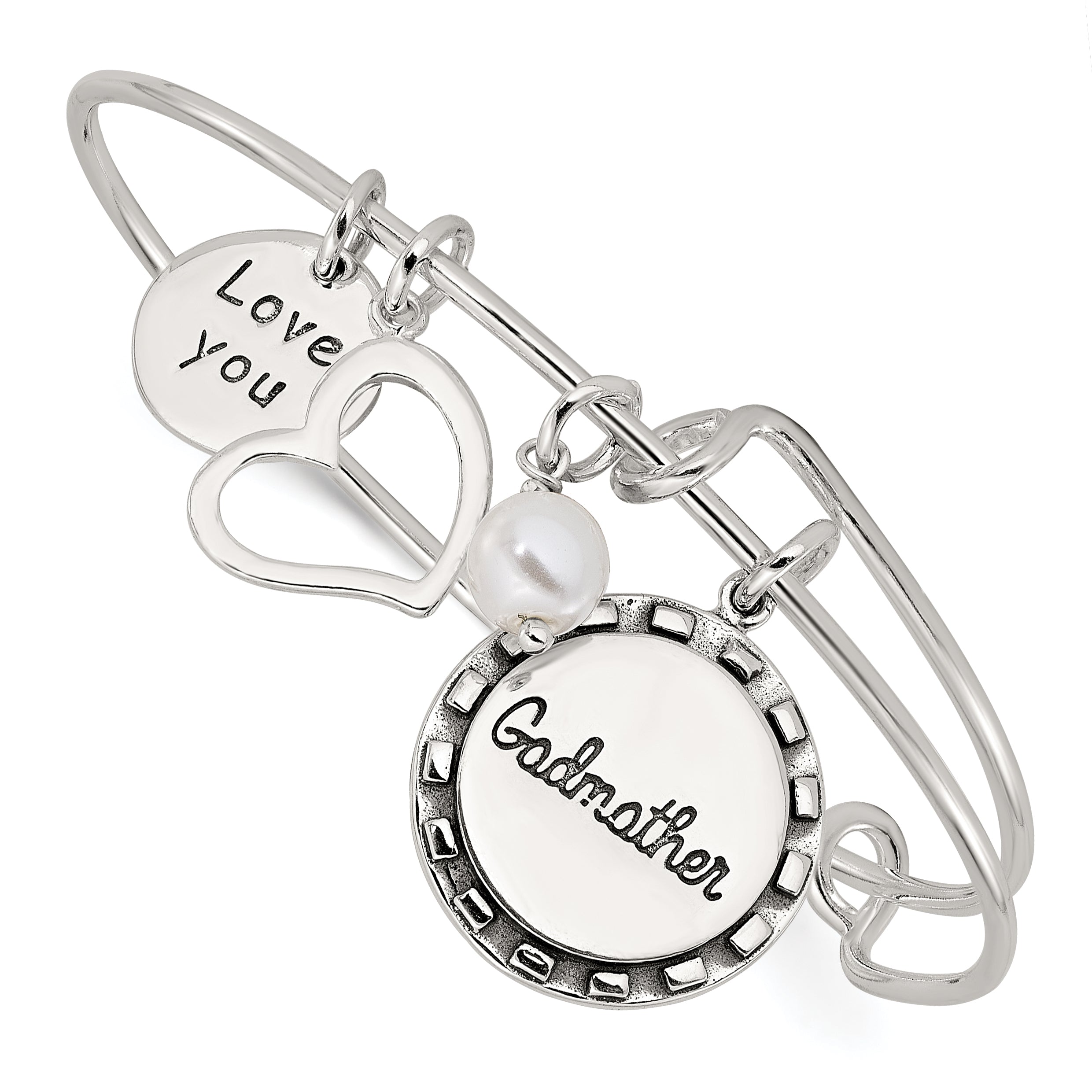 Sterling Silver Antiqued Syn. Pearl Godmother Charm Adjustable Bangle Main image