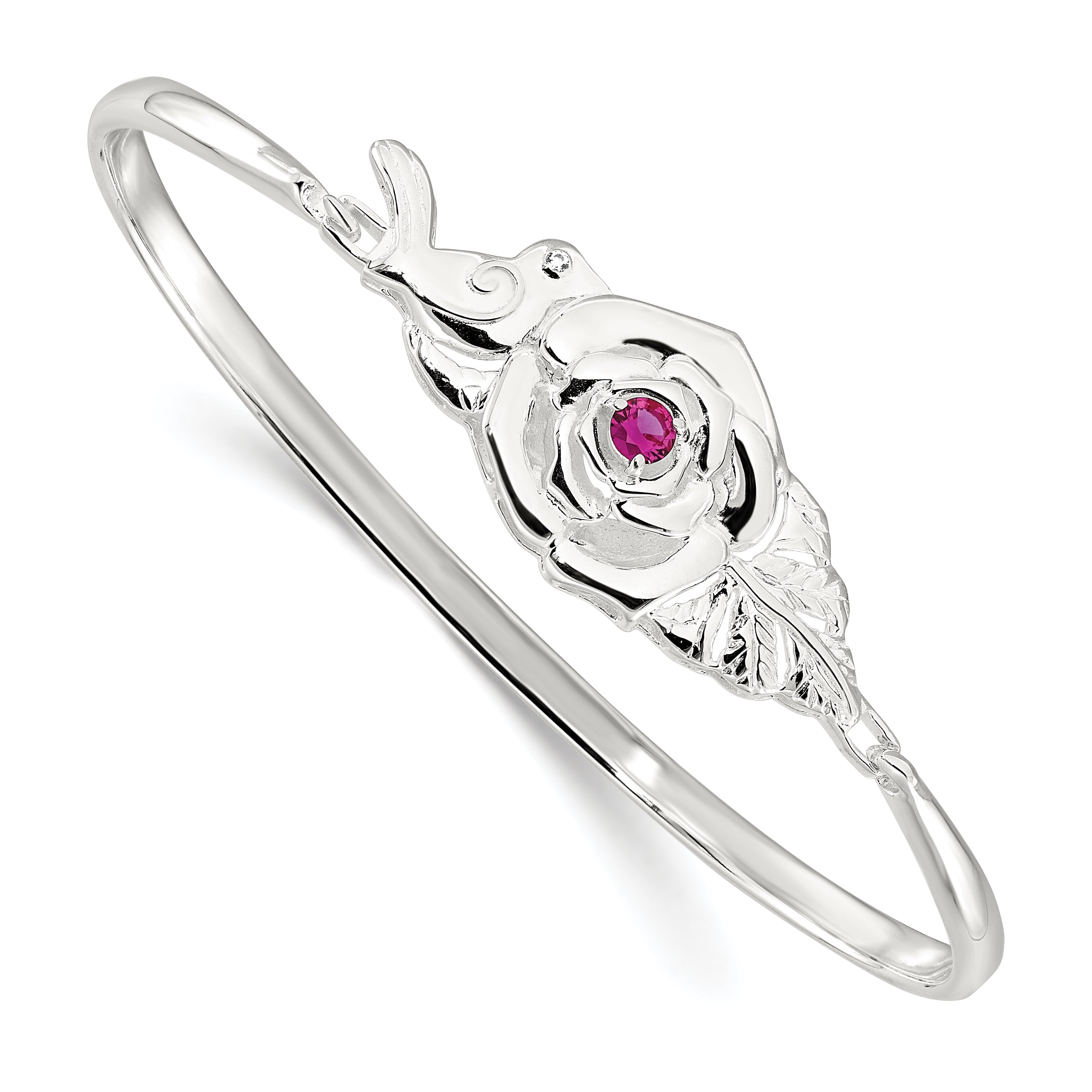 Sterling Silver Polished Red CZ Flower Bird Hook Bangle Bracelet Main image