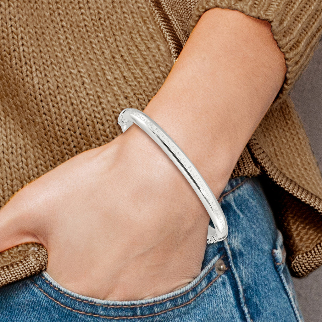 Sterling Silver Polished Textured Hinged Bangle Bracelet
