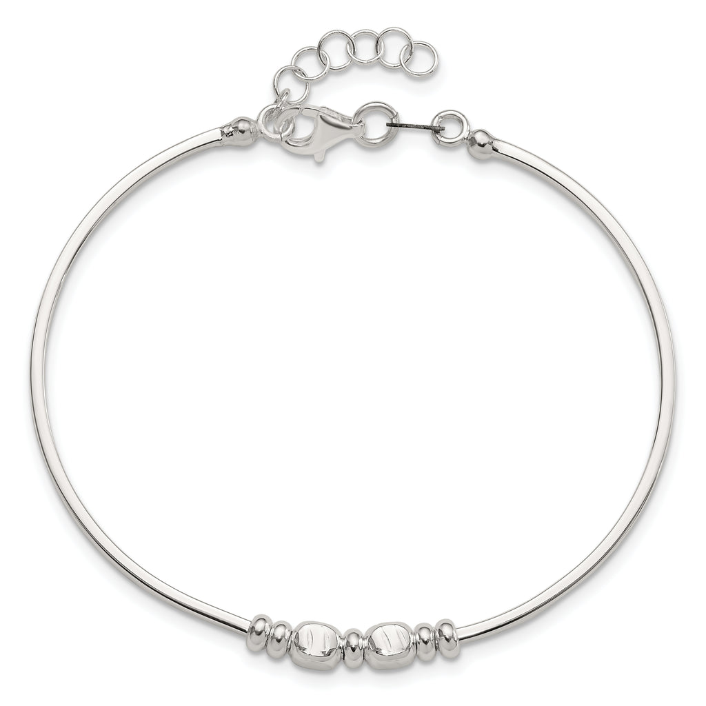 Sterling Silver Rhod-plated Polished Beads w/.75 in ext Bangle Bracelet