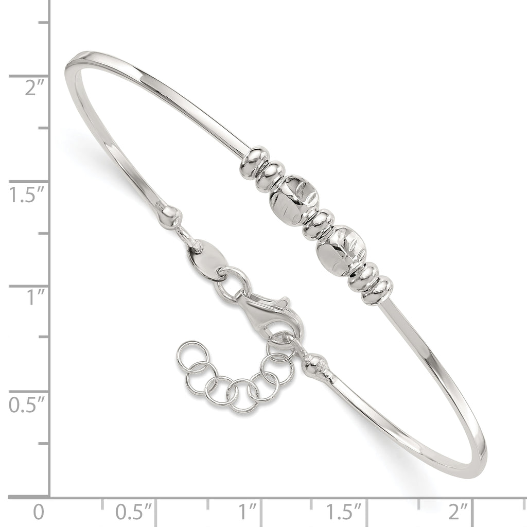 Sterling Silver Rhod-plated Polished Beads w/.75 in ext Bangle Bracelet