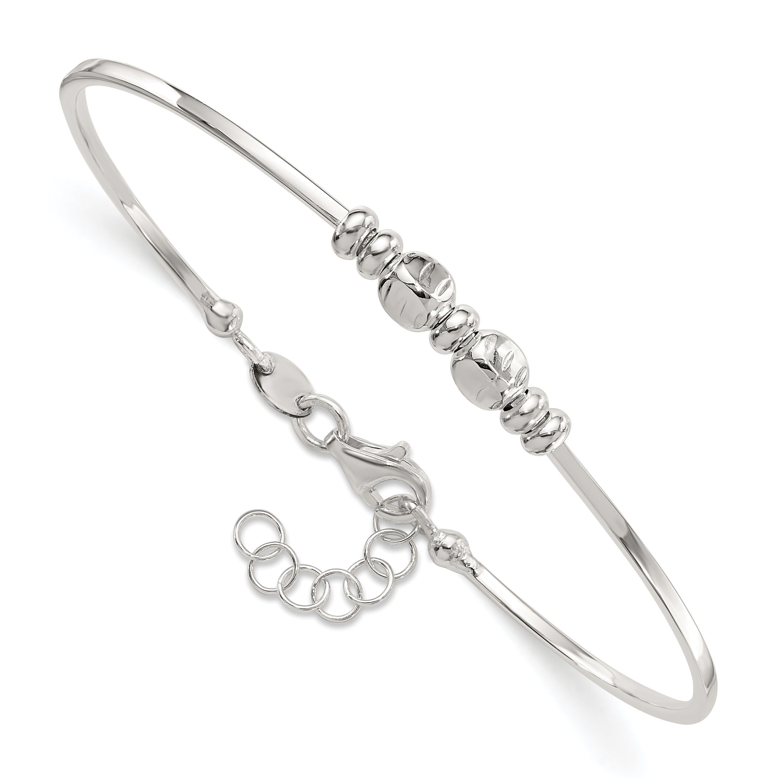 Sterling Silver Rhod-plated Polished Beads w/.75 in ext Bangle Bracelet Main image