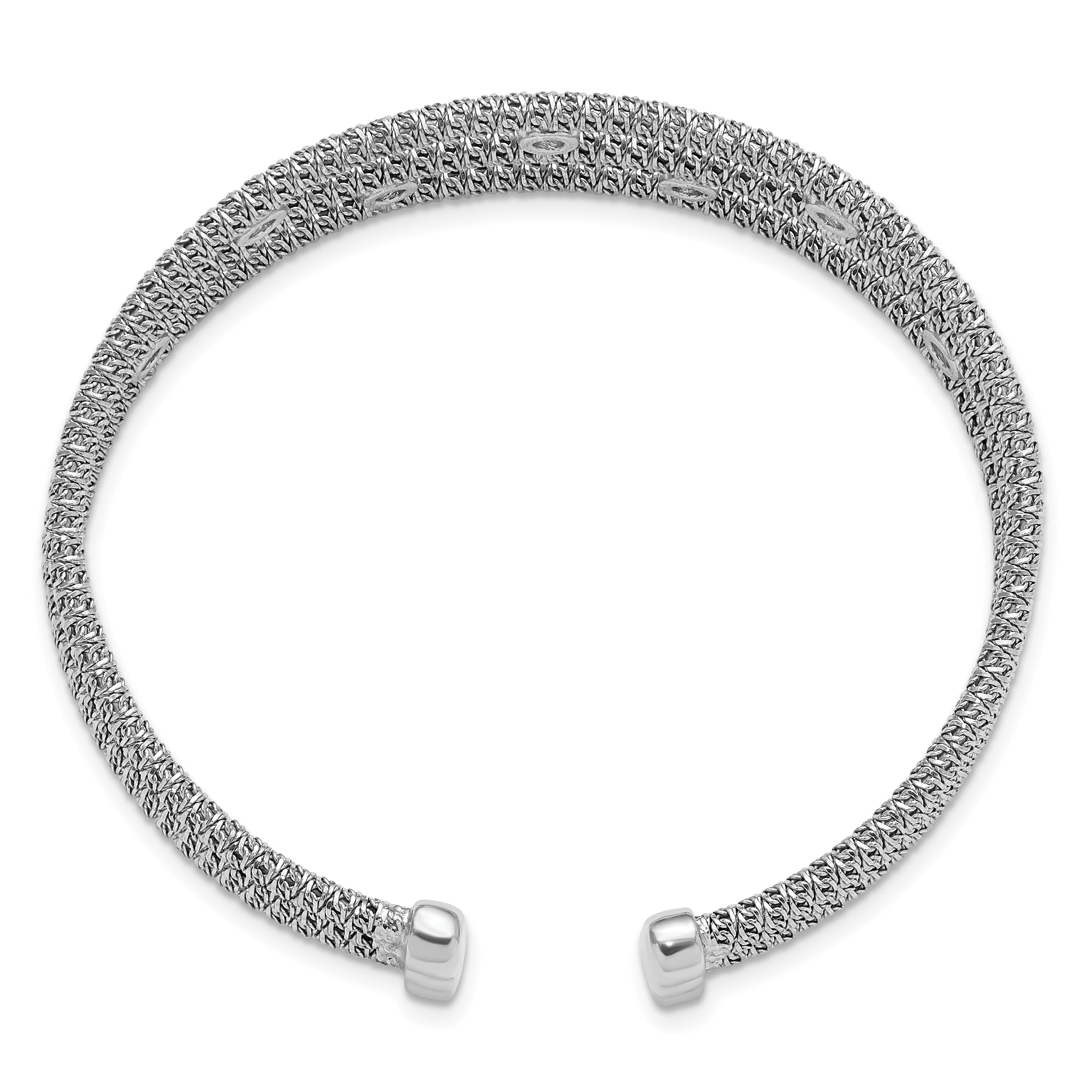 Sterling Silver Polished Rhodium-plated Textured 3 Band CZ Cuff Bracelet Secondary image