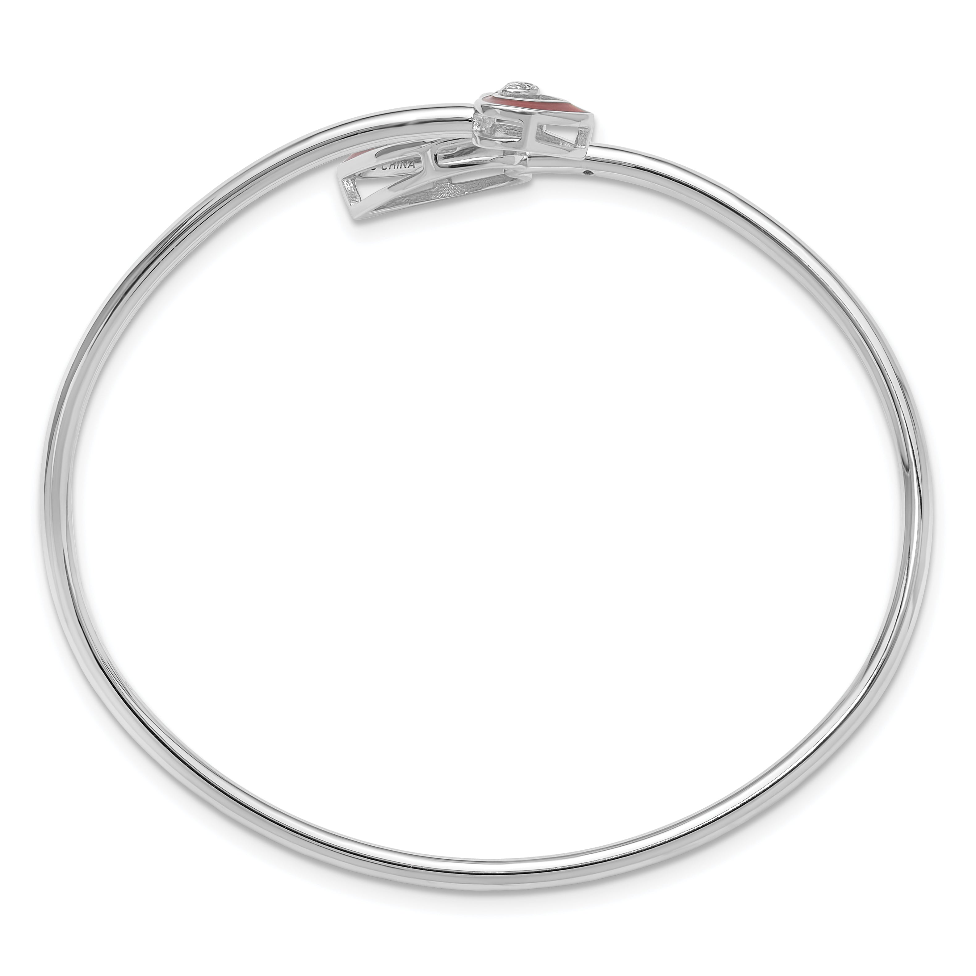 Sterling Silver Rh-plated CZ Red Enamel Heart Flexible Cuff Bangle Bracelet Secondary image